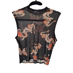 Rebellious Dreamer Mesh Crop Top Womens XL Black Dragon Print Mock Neck Edgy